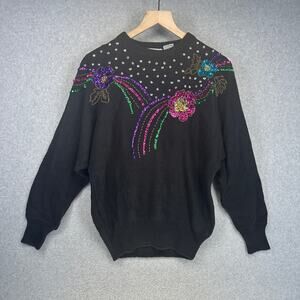 VTG JJ. Fargo Sweater Women Size S Black Floral Sequin Ramie Blend Dolman Sleeve